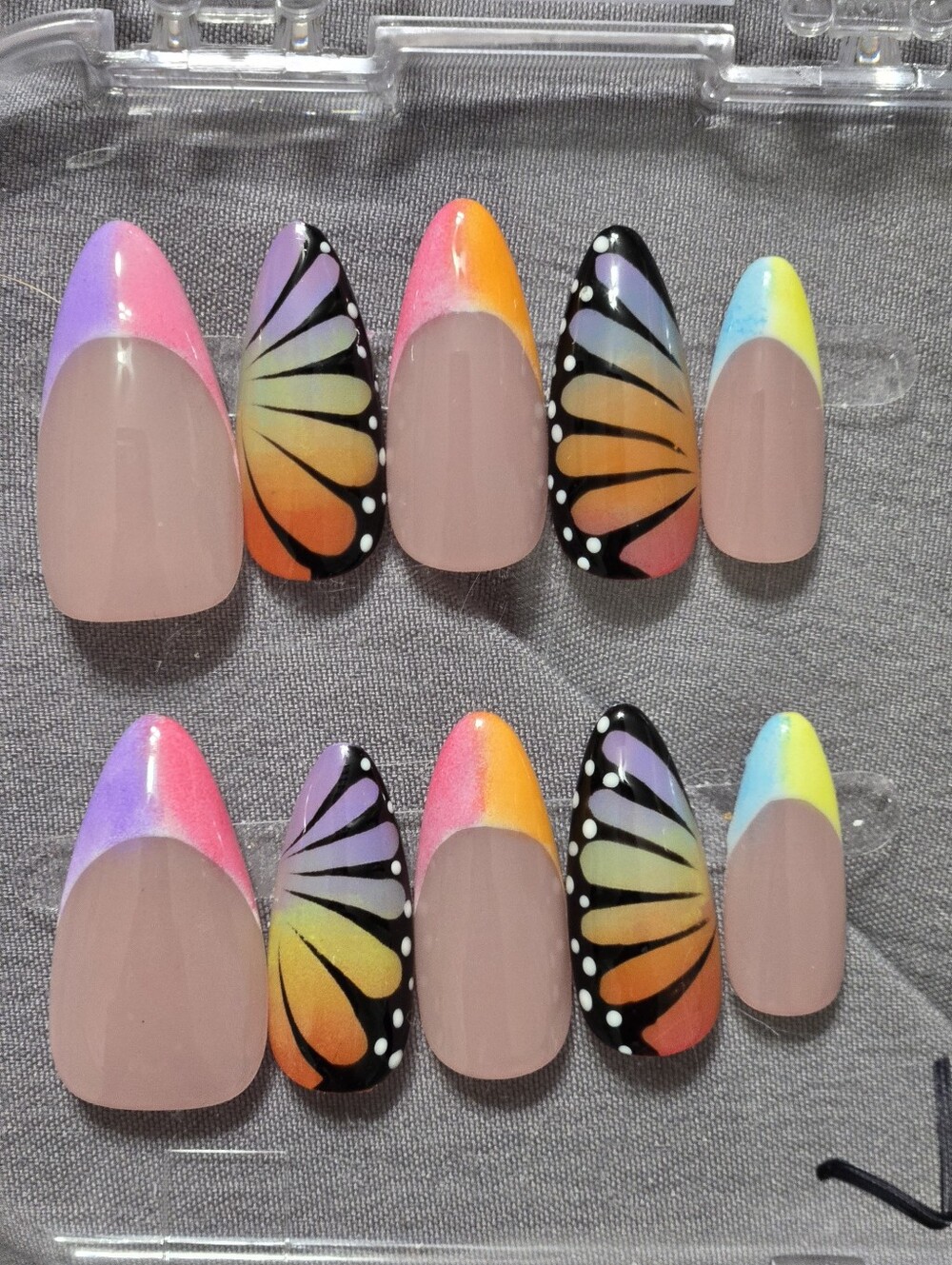 Rainbow Butterfly French Tip Press-On Nails, Almond Medium Length